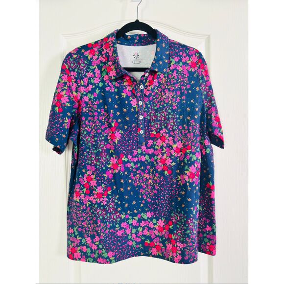 Isaac Mizrahi Tops - Isaac Mizrahi Live Floral Polo Top Preppy Casual Short Sleeve Blue Pink Shirt